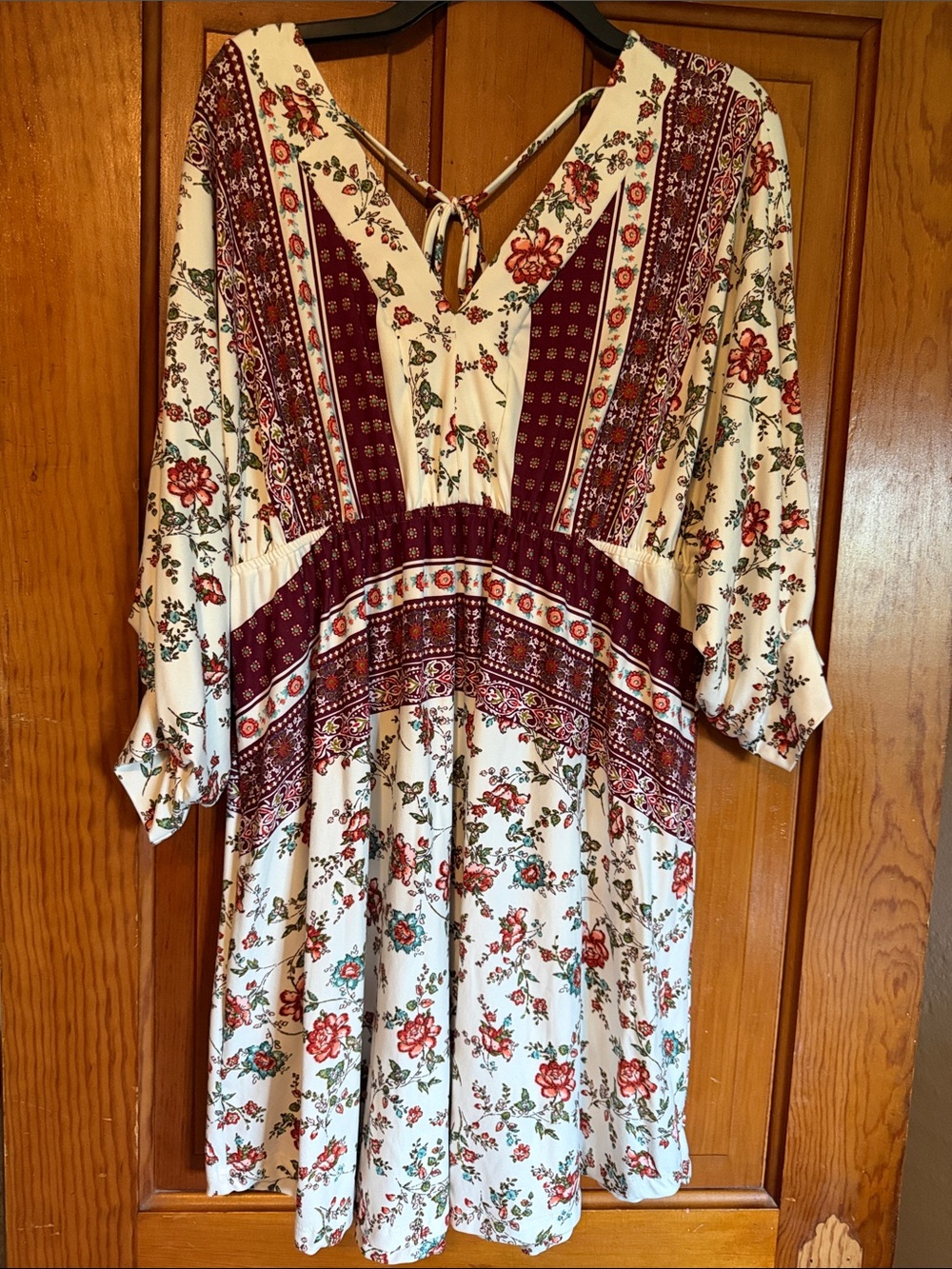 white birch Cream and Burgundy Floral V-Neck Tunic